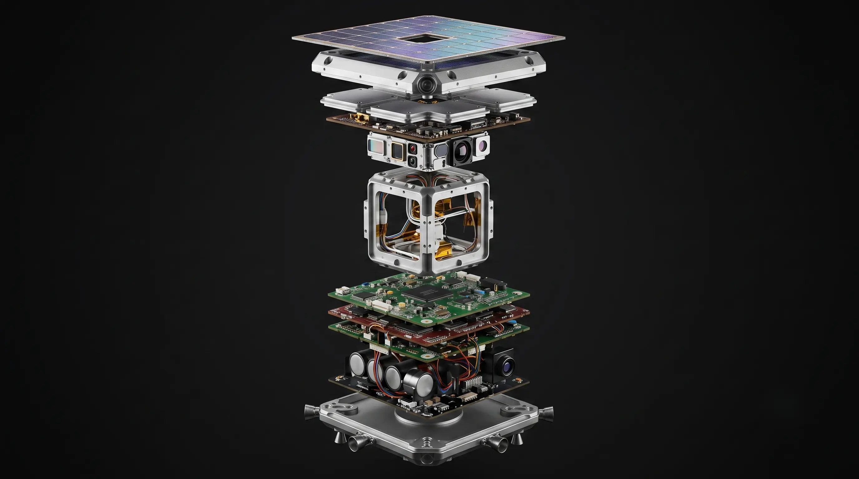 Exploded view of a space-cube assembly with tagged parts