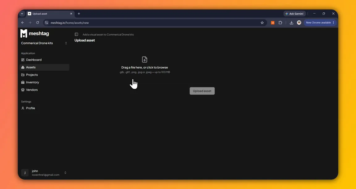 MeshTag open on the Upload asset screen, ready to add a drone model.